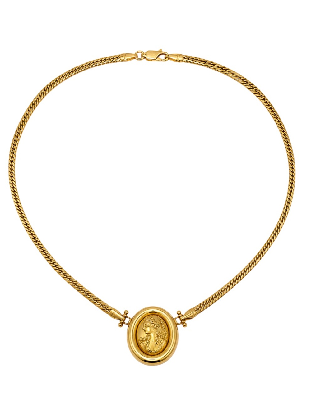 Loto Preziosi 18K Yellow Gold Cameo Pendant Herringbone Necklace 17.25” 12.16g